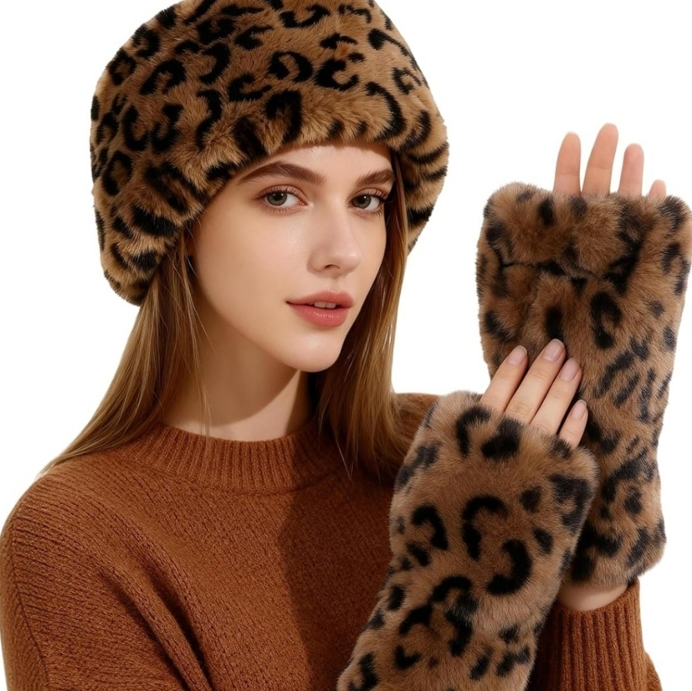 Leopard Fur Gloves Set- Fur Headband W Gloves, Earwarmer